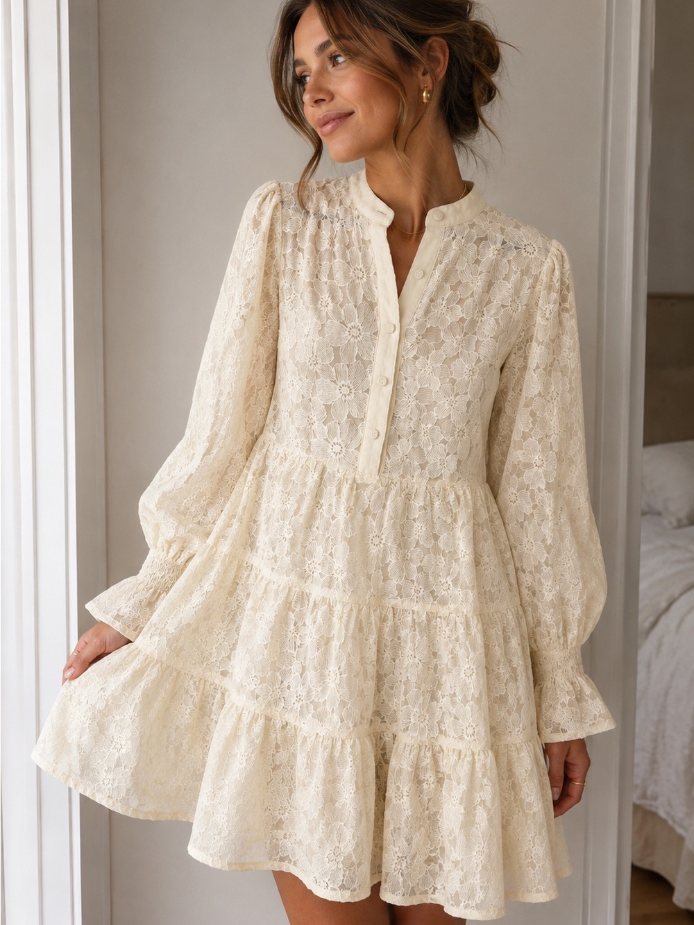 En Saison Cream Lace Tiered Mini Dress